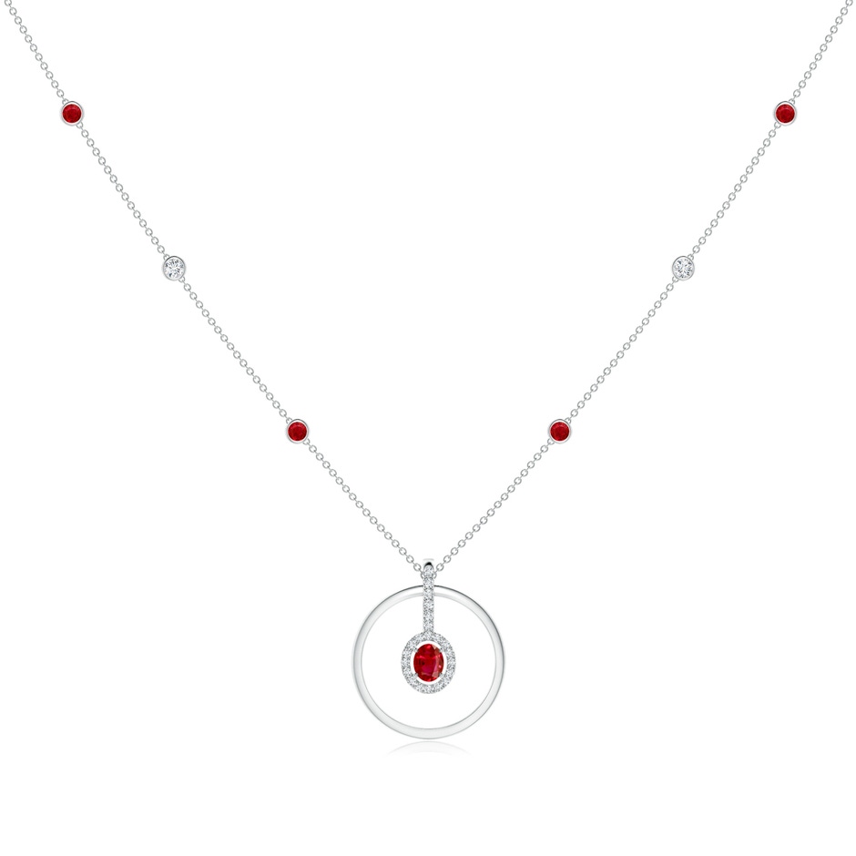 5x4mm AAA Oval Ruby and Diamond Halo Geometric Necklace in White Gold 