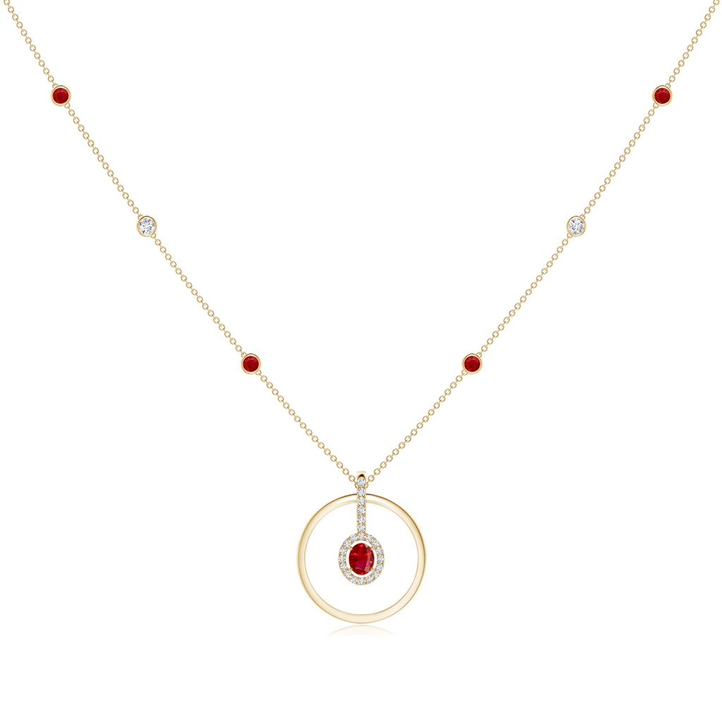 5x4mm AAA Oval Ruby and Diamond Halo Geometric Necklace in Yellow Gold