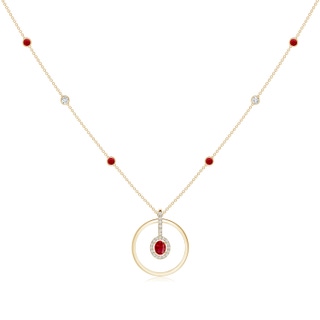 5x4mm AAA Oval Ruby and Diamond Halo Geometric Necklace in Yellow Gold