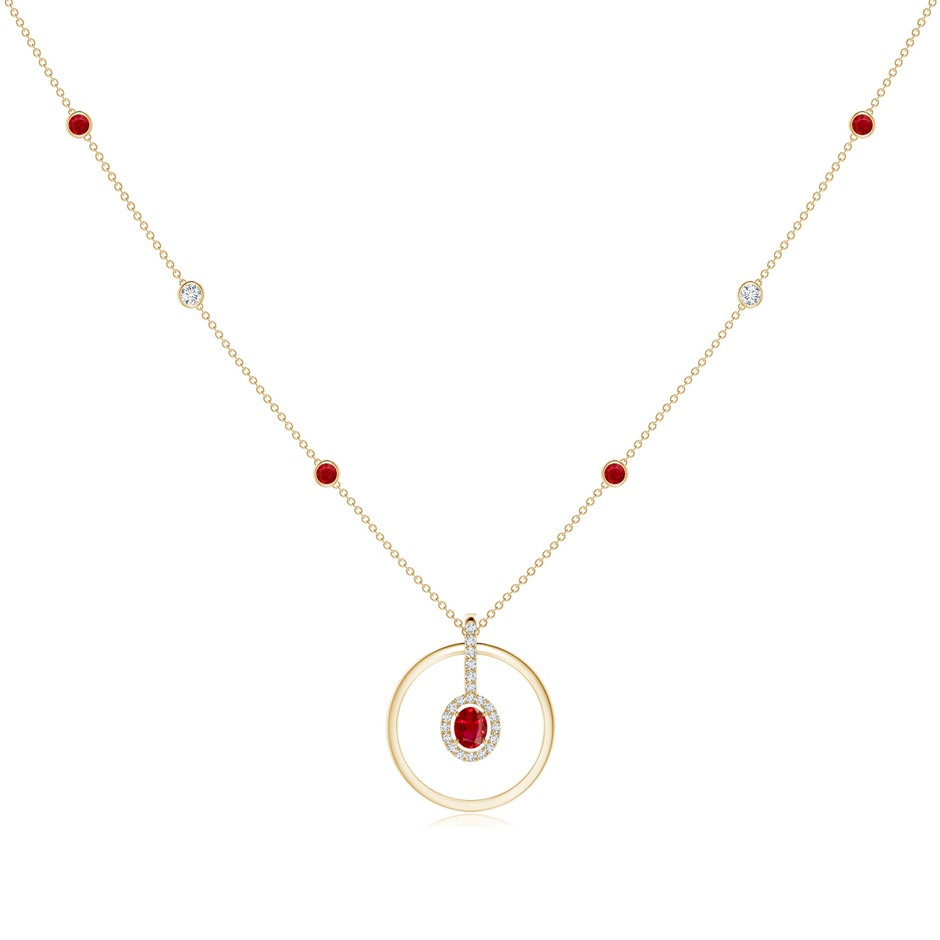 5x4mm AAA Oval Ruby and Diamond Halo Geometric Necklace in Yellow Gold 