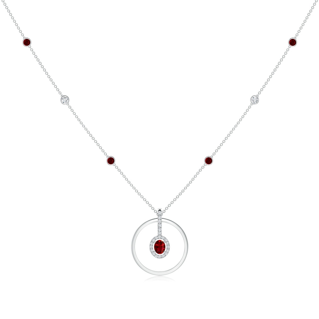 5x4mm AAAA Oval Ruby and Diamond Halo Geometric Necklace in P950 Platinum