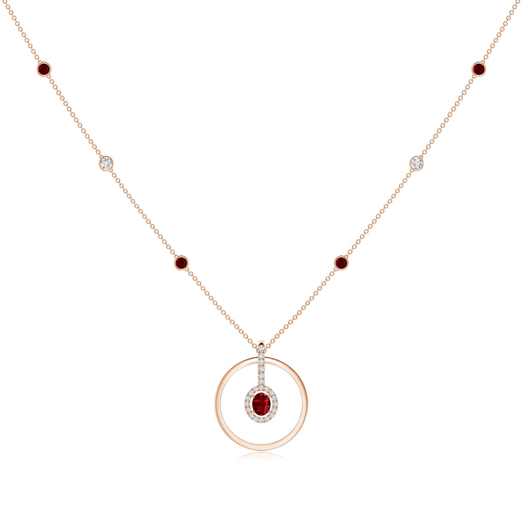 5x4mm AAAA Oval Ruby and Diamond Halo Geometric Necklace in Rose Gold