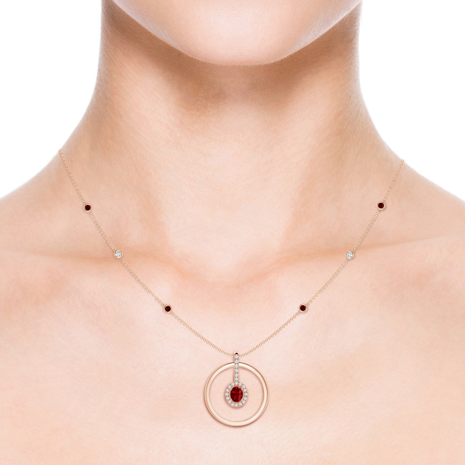 5x4mm AAAA Oval Ruby and Diamond Halo Geometric Necklace in Rose Gold body-neck