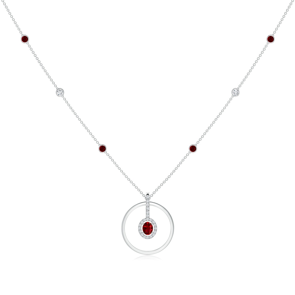 5x4mm AAAA Oval Ruby and Diamond Halo Geometric Necklace in White Gold