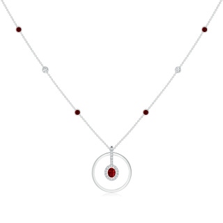 5x4mm AAAA Oval Ruby and Diamond Halo Geometric Necklace in White Gold