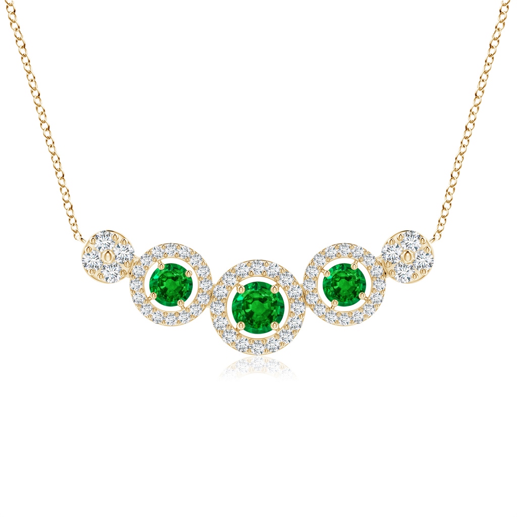 3.5mm AAAA Round Emerald and Diamond Halo Necklace in Yellow Gold