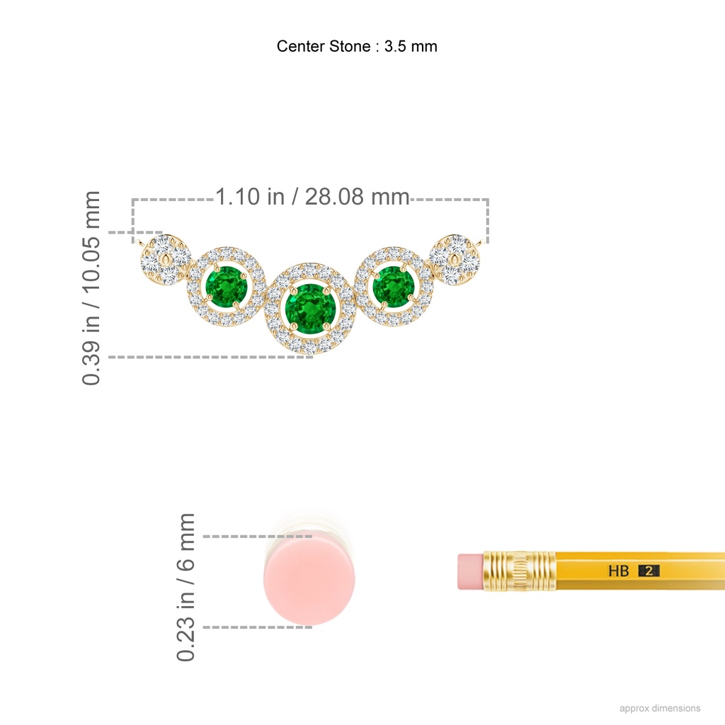 3.5mm AAAA Round Emerald and Diamond Halo Necklace in Yellow Gold Ruler