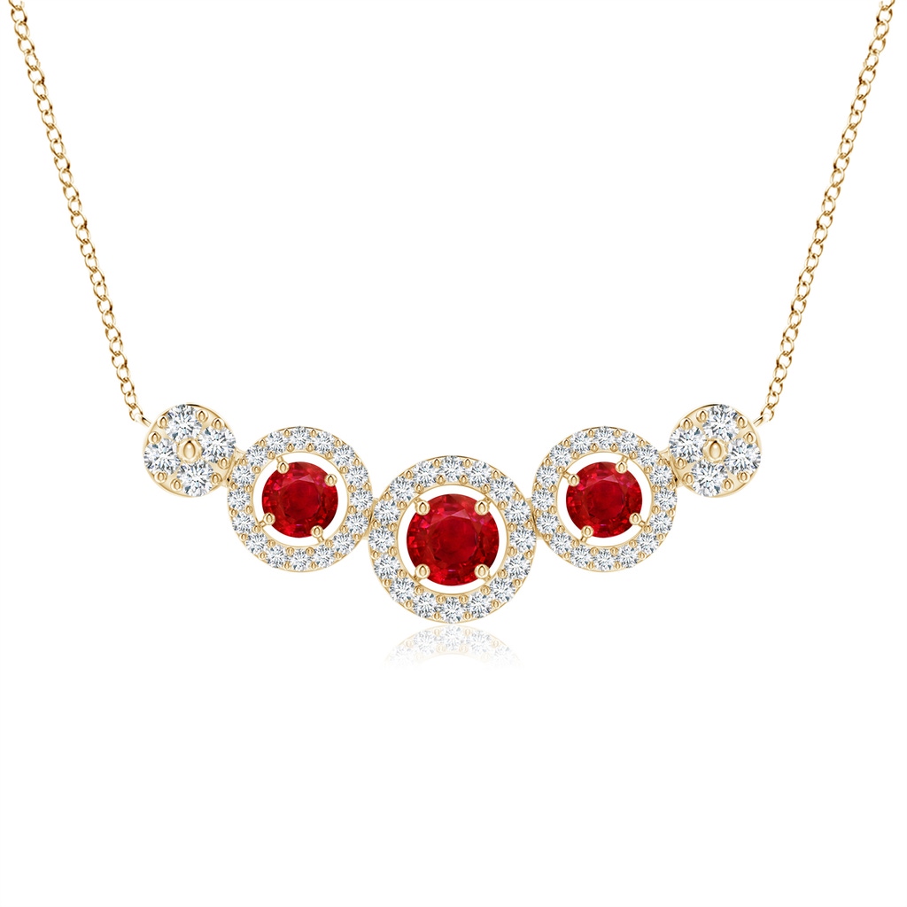 3.5mm AAA Round Ruby and Diamond Halo Necklace in Yellow Gold