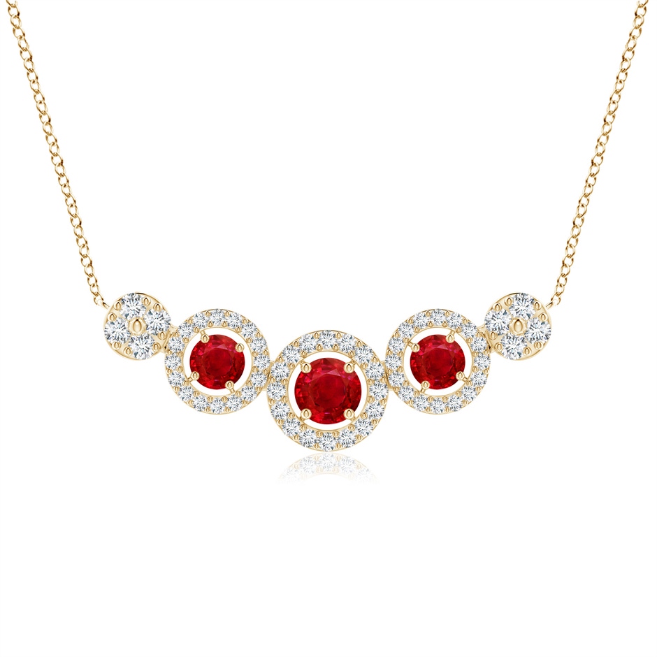 3.5mm AAA Round Ruby and Diamond Halo Necklace in Yellow Gold 