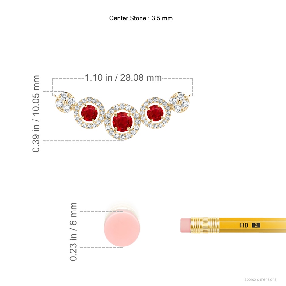 3.5mm AAA Round Ruby and Diamond Halo Necklace in Yellow Gold ruler