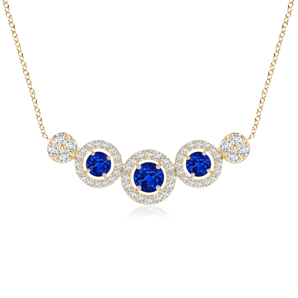 3.5mm AAAA Round Sapphire and Diamond Halo Necklace in Yellow Gold