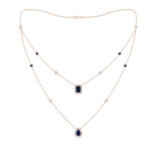 7x5mm AA Pear & Emerald-Cut Sapphire Halo Layered Station Necklace in 18K Rose Gold