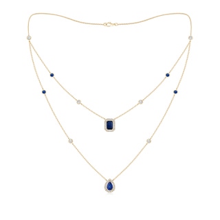 7x5mm AAA Pear & Emerald-Cut Sapphire Halo Layered Station Necklace in Yellow Gold