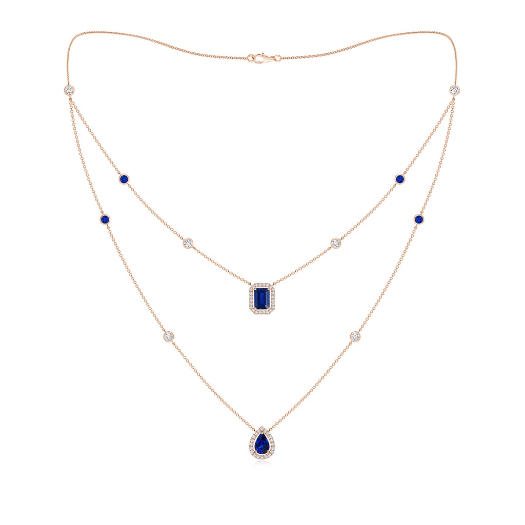 7x5mm AAAA Pear & Emerald-Cut Sapphire Halo Layered Station Necklace in Rose Gold