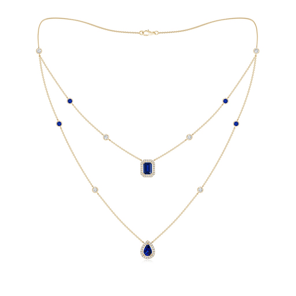 7x5mm AAAA Pear & Emerald-Cut Sapphire Halo Layered Station Necklace in Yellow Gold