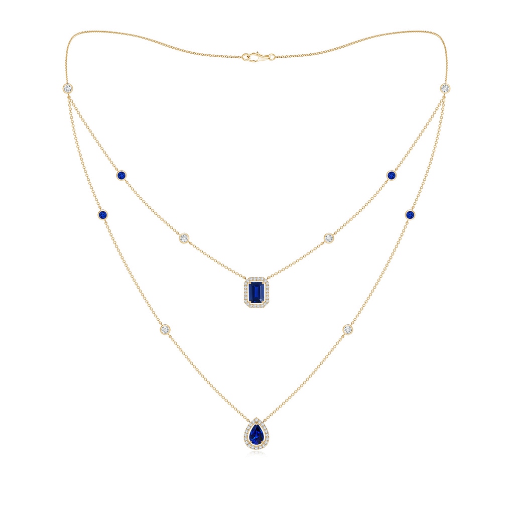 7x5mm AAAA Pear & Emerald-Cut Sapphire Halo Layered Station Necklace in Yellow Gold