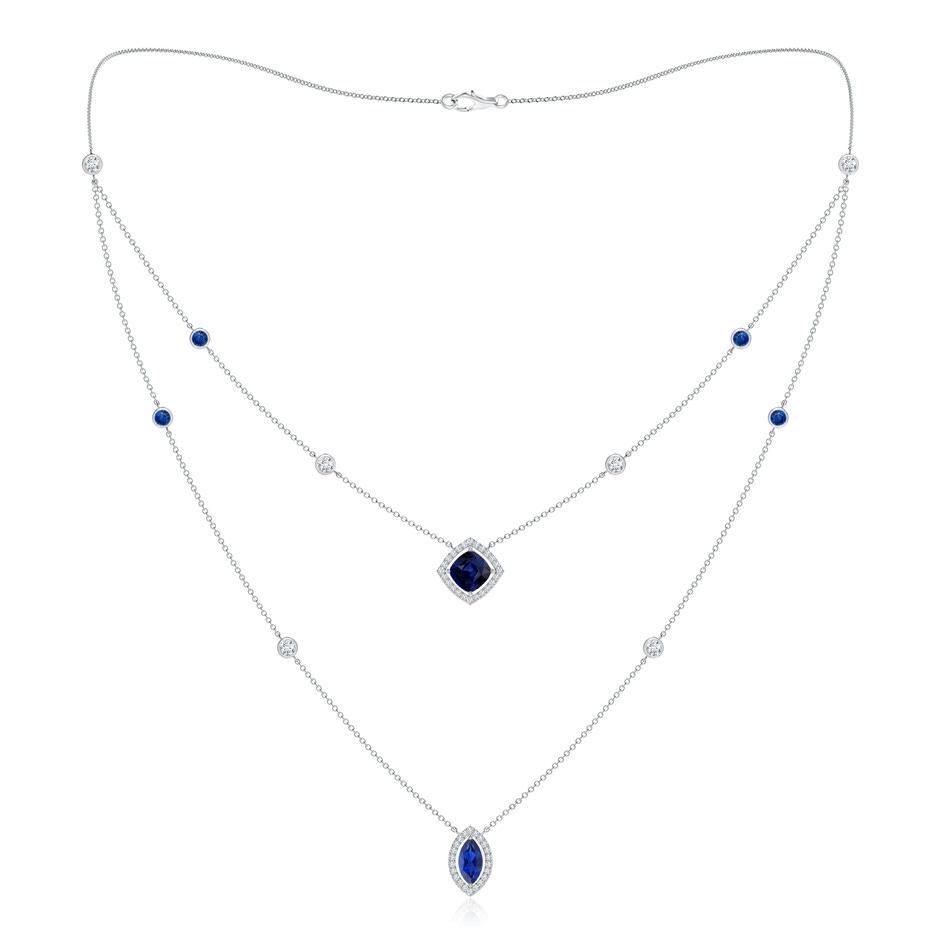 6mm AAA Cushion & Marquise Sapphire Halo Layered Station Necklace in White Gold 