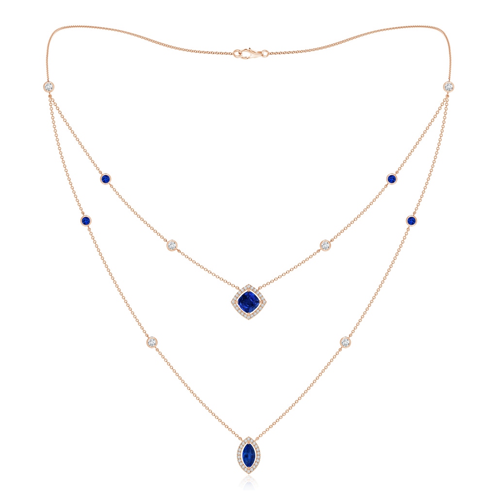 6mm AAAA Cushion & Marquise Sapphire Halo Layered Station Necklace in Rose Gold
