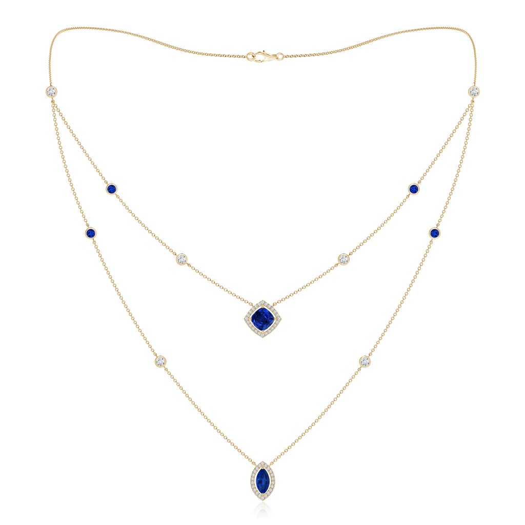 6mm AAAA Cushion & Marquise Sapphire Halo Layered Station Necklace in Yellow Gold