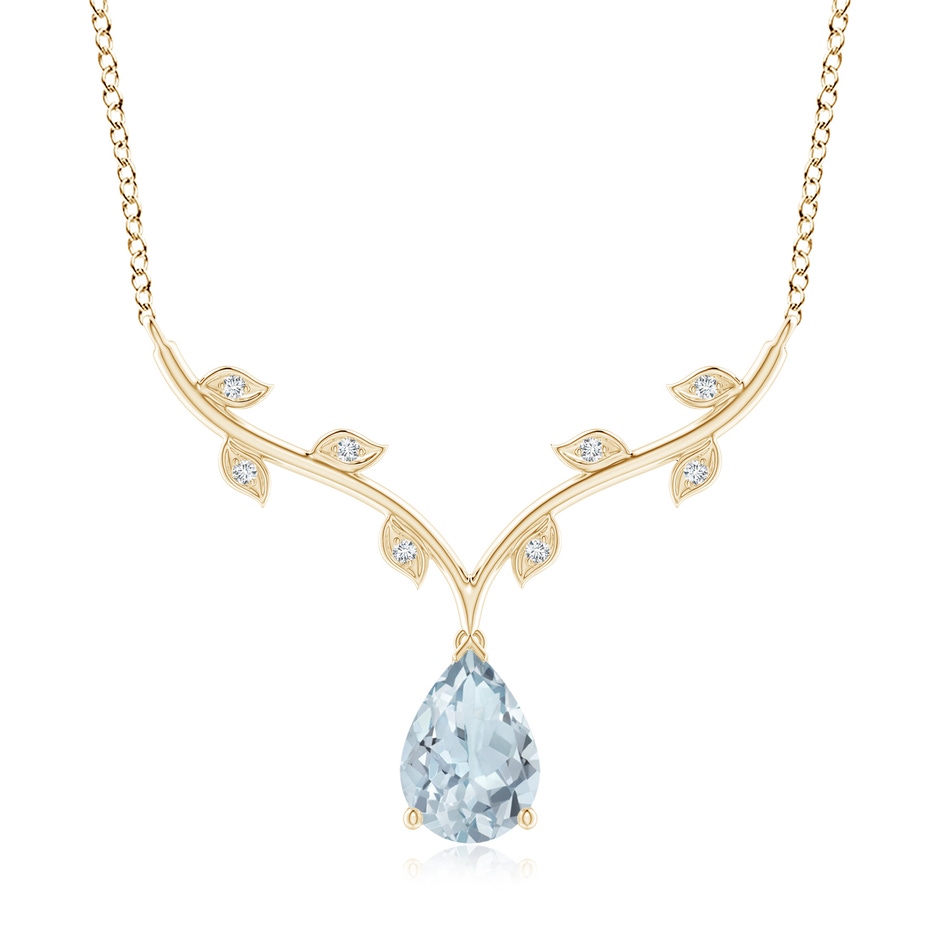 10x7mm A Pear-Shaped Aquamarine Necklace with Leaf Motifs in Yellow Gold 