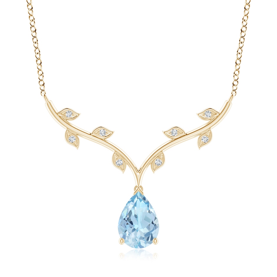 10x7mm AAA Pear-Shaped Aquamarine Necklace with Leaf Motifs in Yellow Gold 