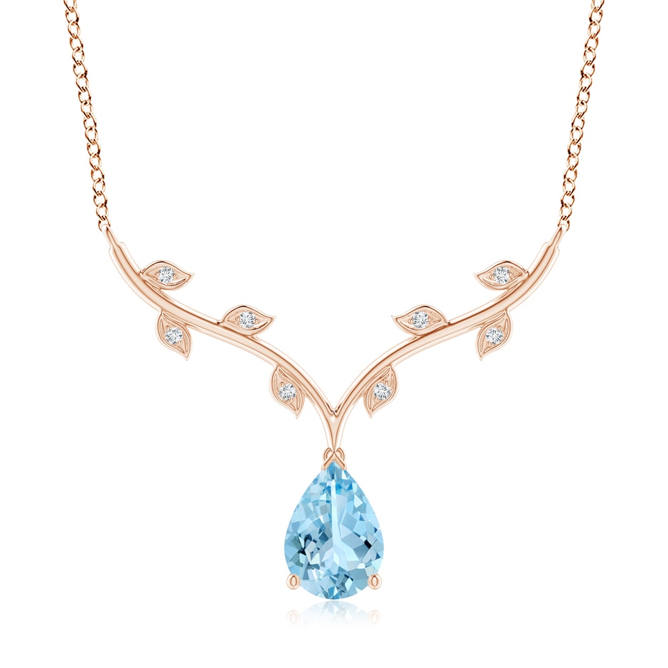 10x7mm AAAA Pear-Shaped Aquamarine Necklace with Leaf Motifs in Rose Gold 