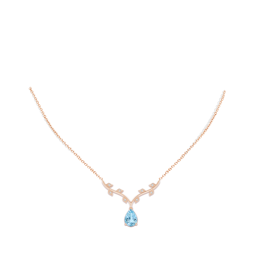 10x7mm AAAA Pear-Shaped Aquamarine Necklace with Leaf Motifs in Rose Gold Body-Neck
