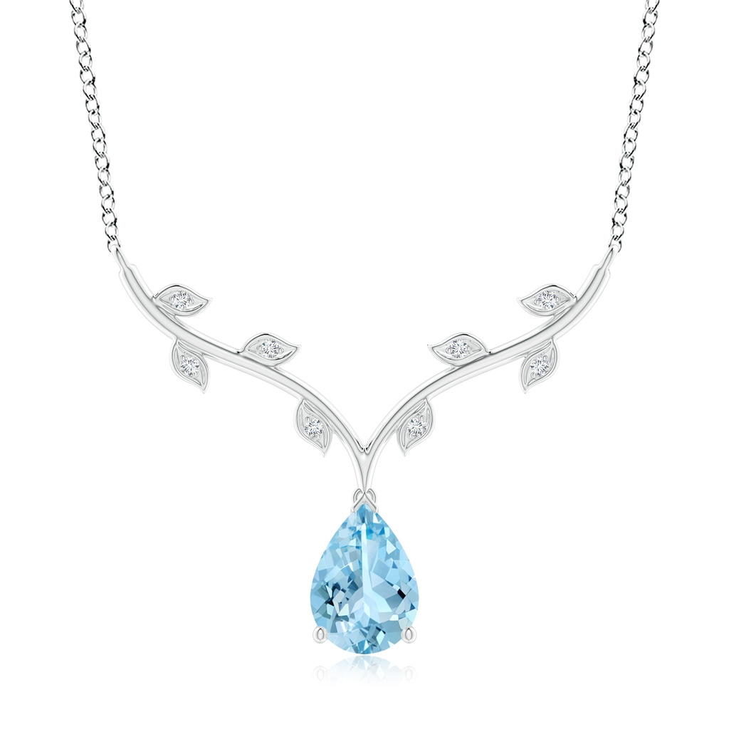 10x7mm AAAA Pear-Shaped Aquamarine Necklace with Leaf Motifs in White Gold