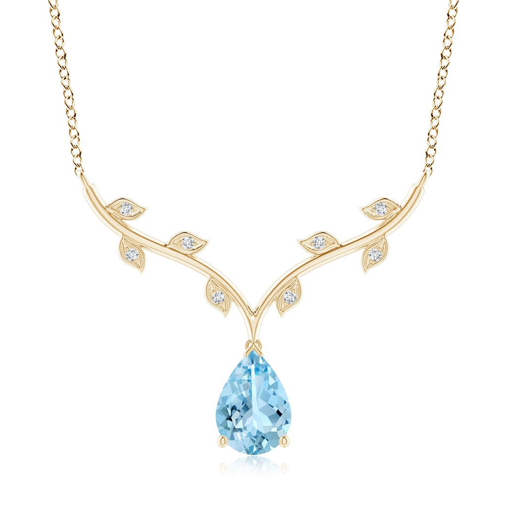 10x7mm AAAA Pear-Shaped Aquamarine Necklace with Leaf Motifs in Yellow Gold