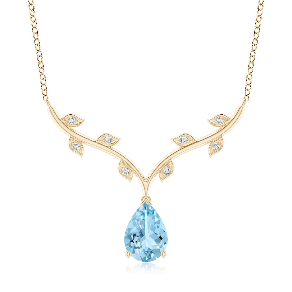 10x7mm AAAA Pear-Shaped Aquamarine Necklace with Leaf Motifs in Yellow Gold 