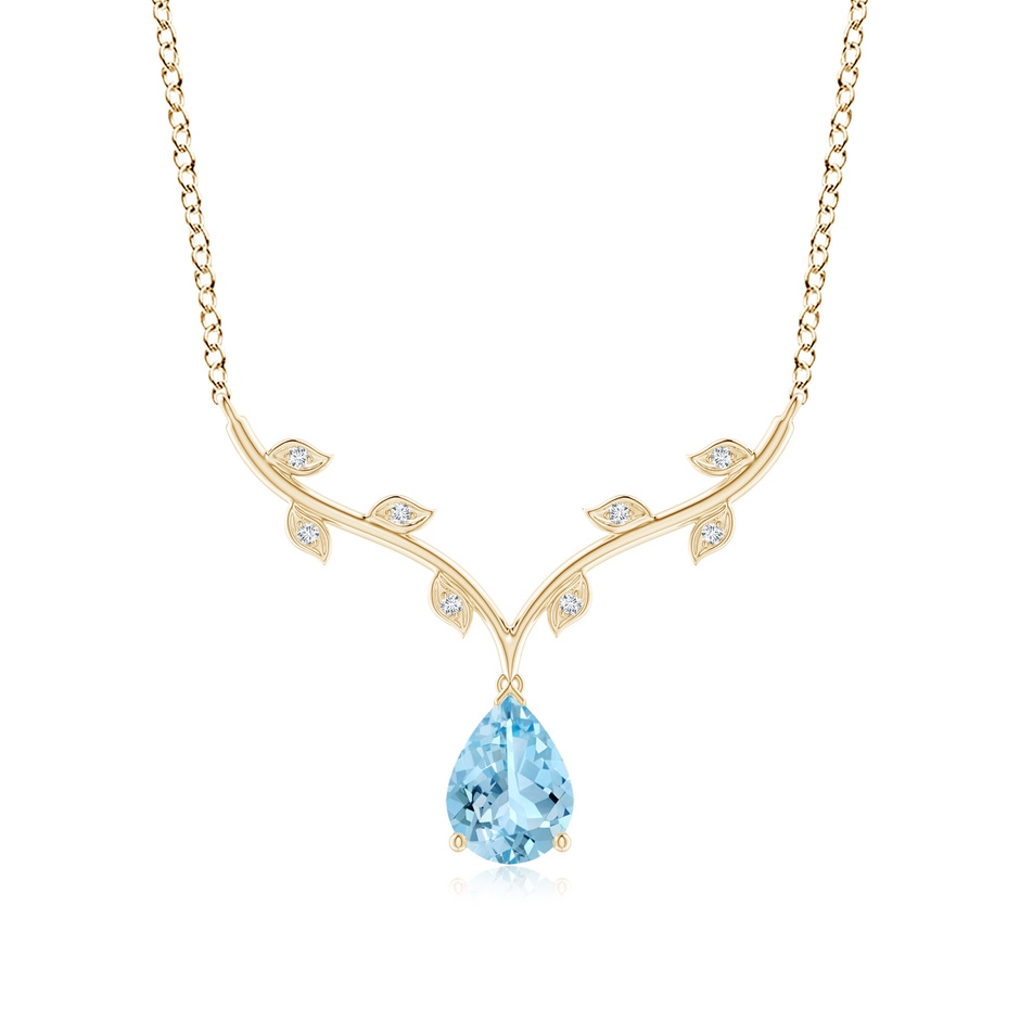 8x6mm AAAA Pear-Shaped Aquamarine Necklace with Leaf Motifs in Yellow Gold 