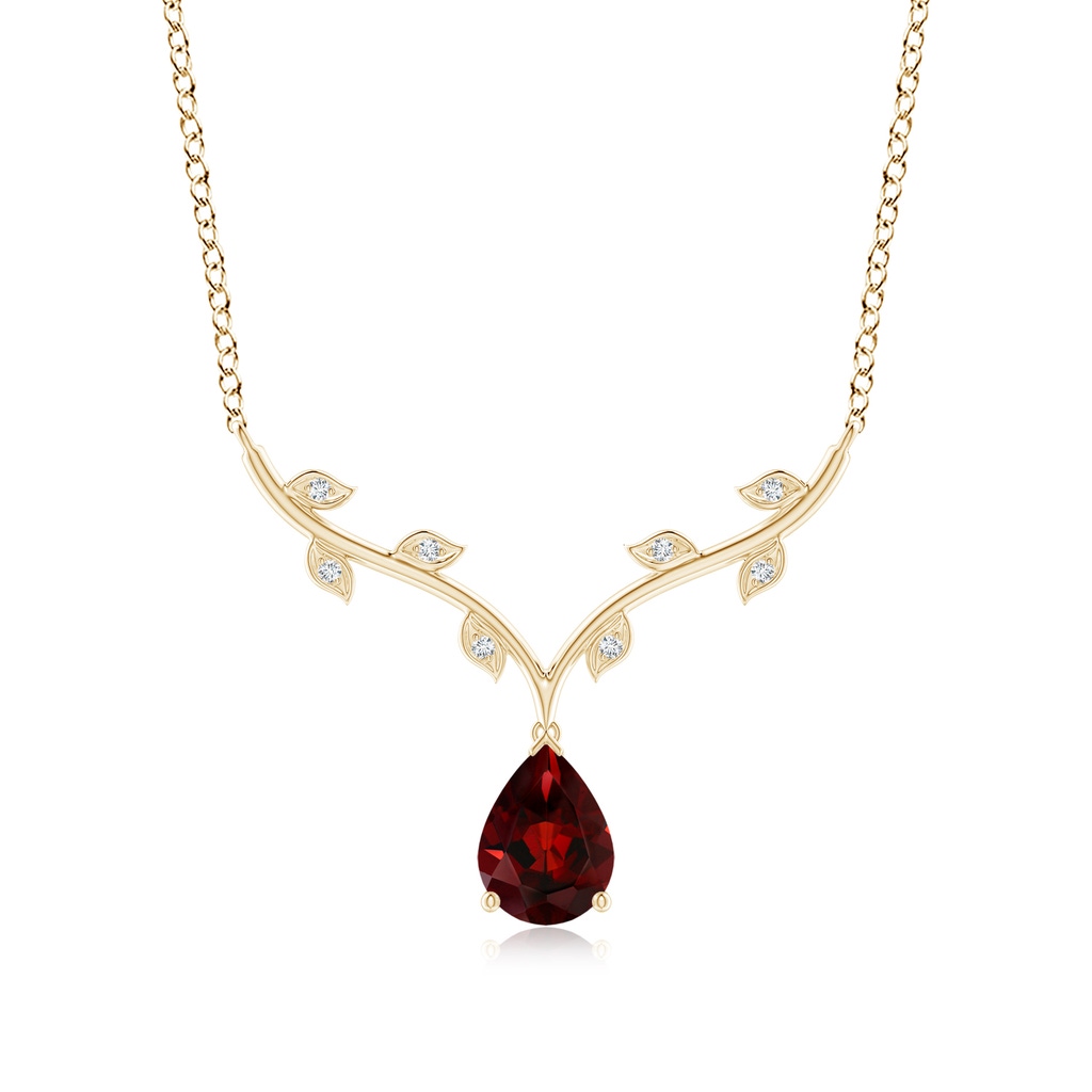 8x6mm AAA Pear-Shaped Garnet Necklace with Leaf Motifs in Yellow Gold