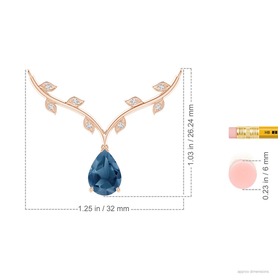 10x7mm A Pear-Shaped London Blue Topaz Necklace with Leaf Motifs in 18K Rose Gold ruler