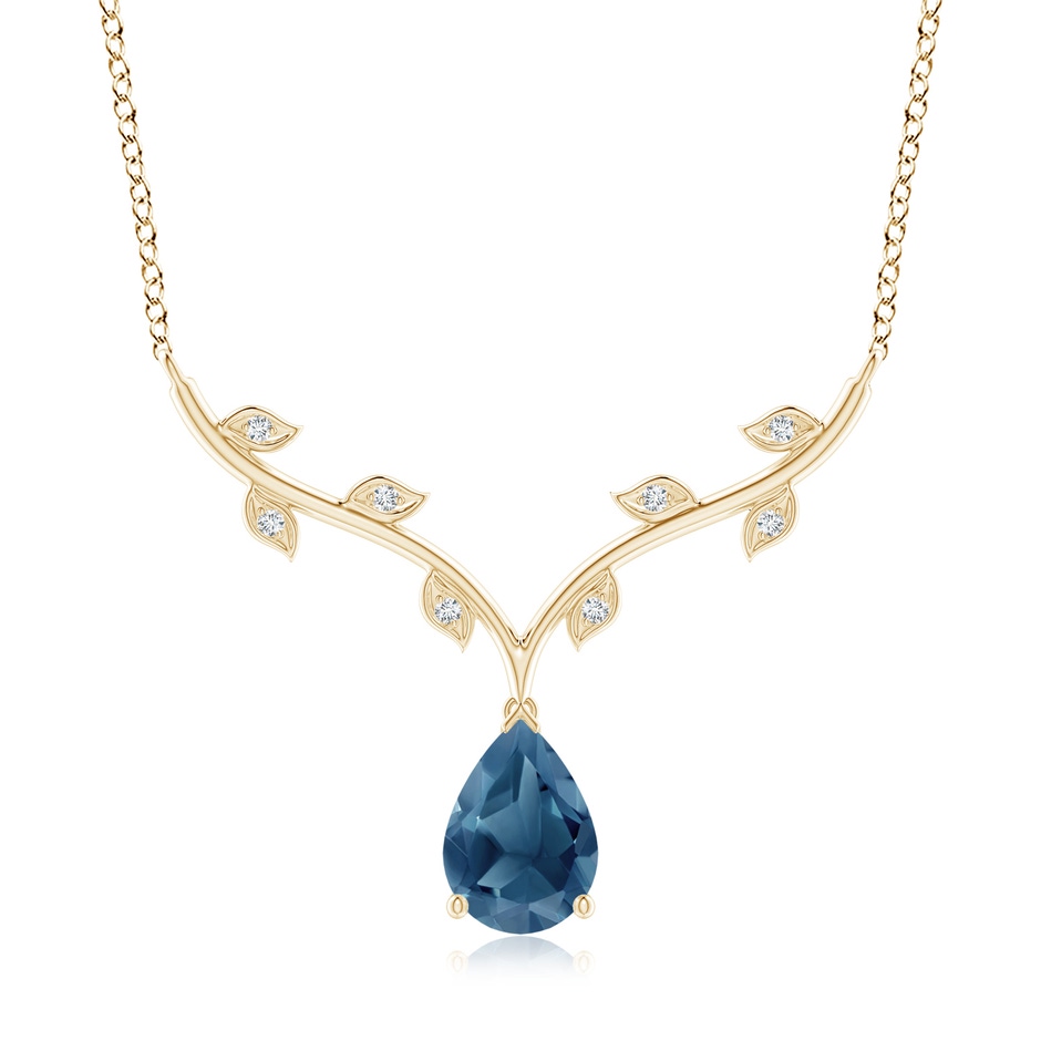 10x7mm A Pear-Shaped London Blue Topaz Necklace with Leaf Motifs in 18K Yellow Gold 