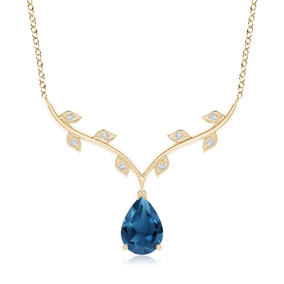10x7mm AA Pear-Shaped London Blue Topaz Necklace with Leaf Motifs in Yellow Gold 