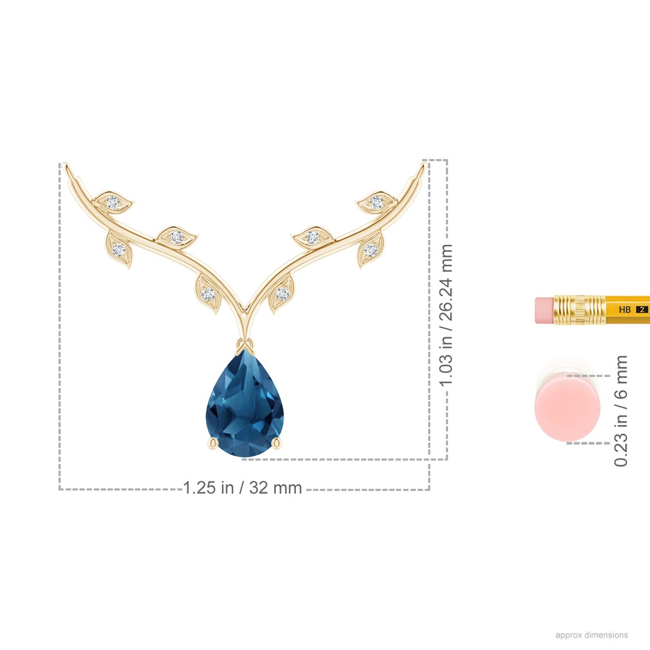 10x7mm AA Pear-Shaped London Blue Topaz Necklace with Leaf Motifs in Yellow Gold ruler