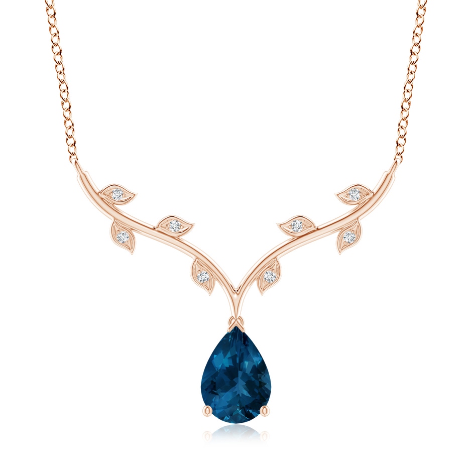10x7mm AAA Pear-Shaped London Blue Topaz Necklace with Leaf Motifs in 18K Rose Gold 