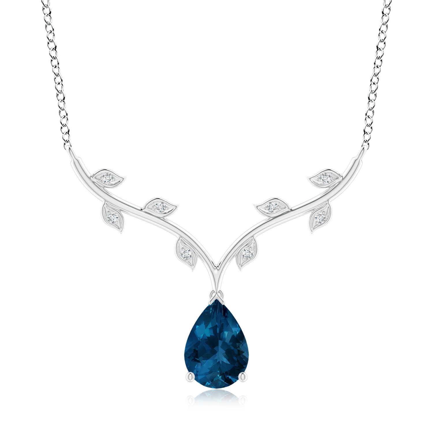 10x7mm AAA Pear-Shaped London Blue Topaz Necklace with Leaf Motifs in 18K White Gold