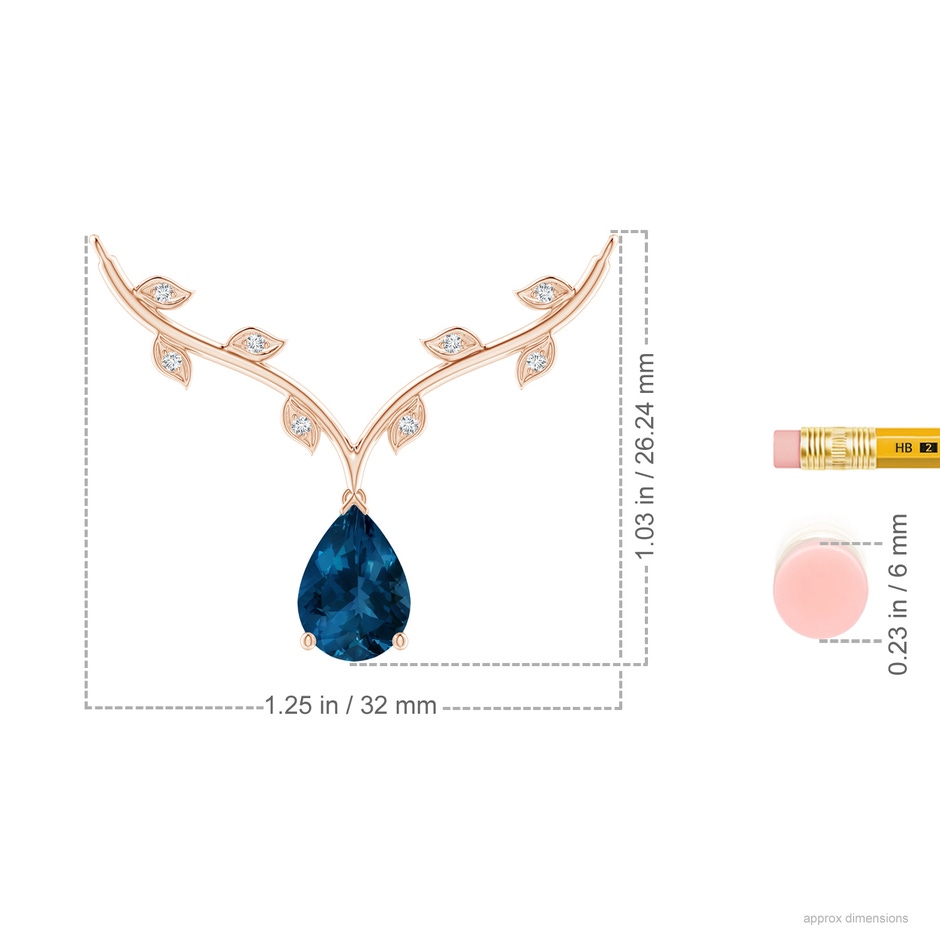 10x7mm AAA Pear-Shaped London Blue Topaz Necklace with Leaf Motifs in Rose Gold ruler