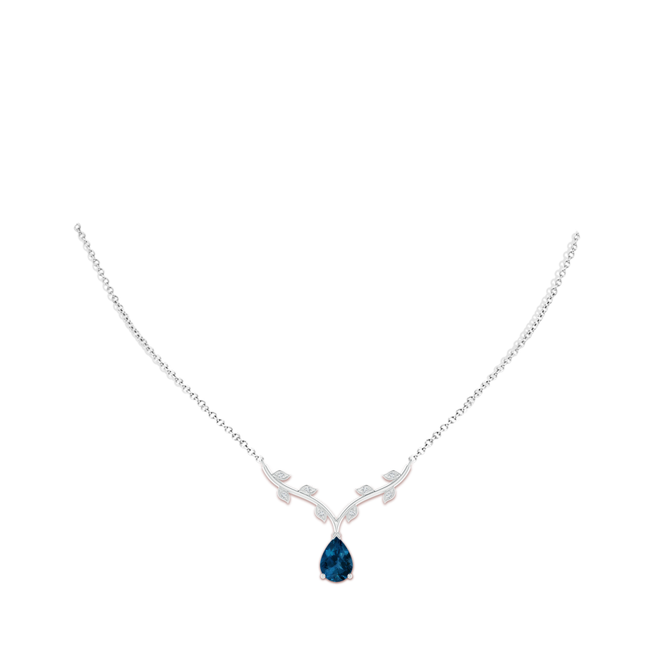 10x7mm AAA Pear-Shaped London Blue Topaz Necklace with Leaf Motifs in White Gold body-neck