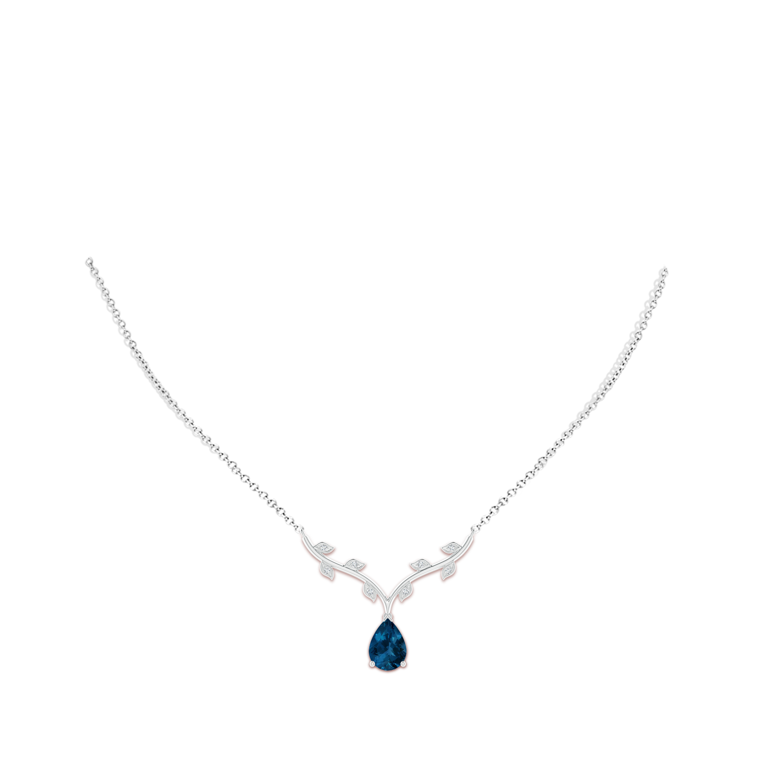 10x7mm AAA Pear-Shaped London Blue Topaz Necklace with Leaf Motifs in White Gold - body_neck