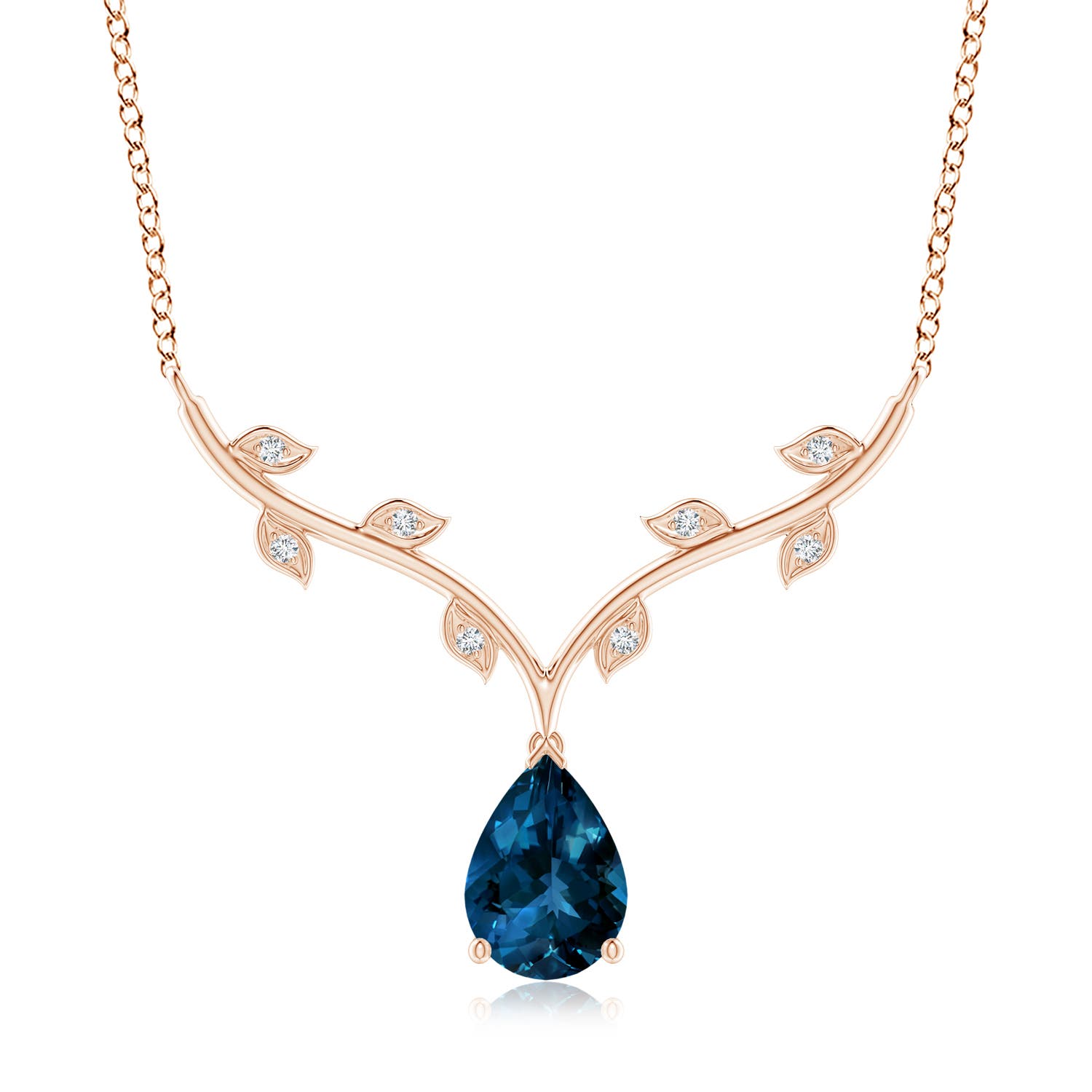 10x7mm AAAA Pear-Shaped London Blue Topaz Necklace with Leaf Motifs in 18K Rose Gold