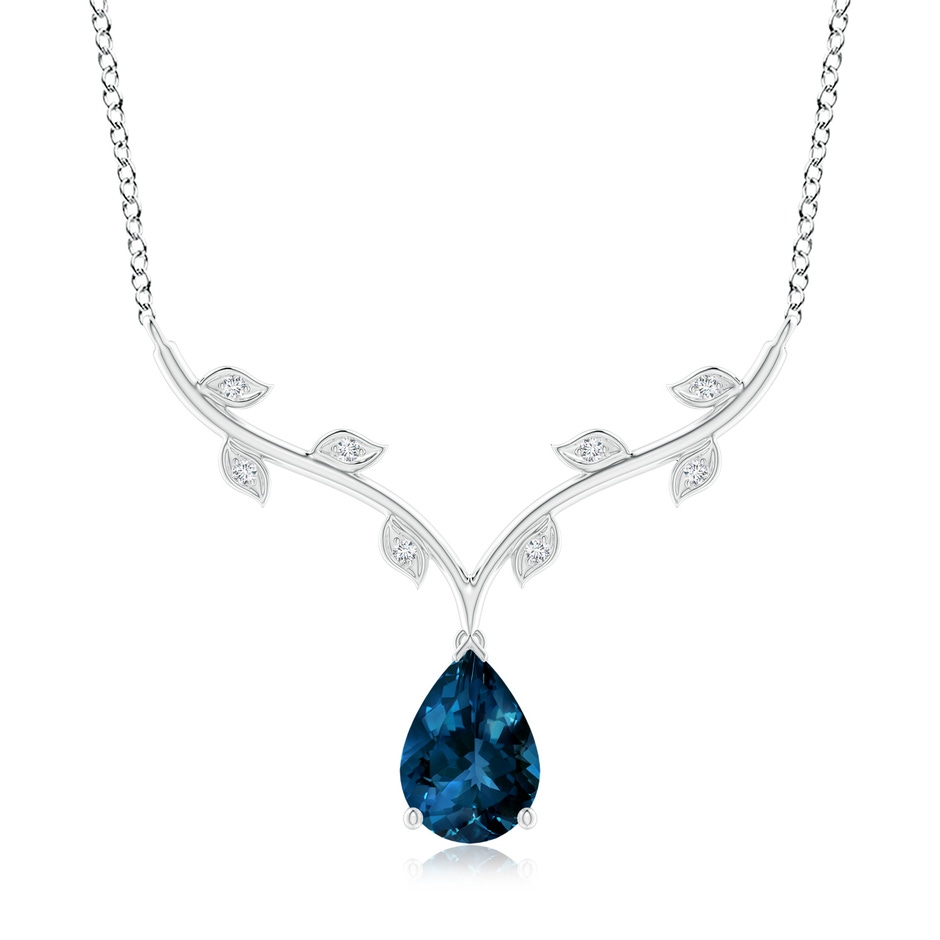 10x7mm AAAA Pear-Shaped London Blue Topaz Necklace with Leaf Motifs in 18K White Gold 