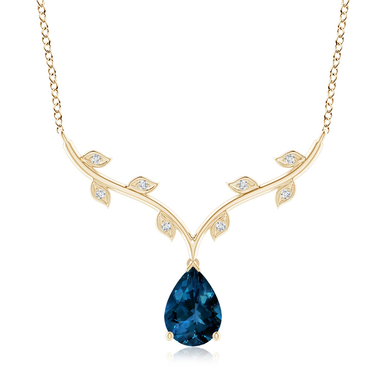 10x7mm AAAA Pear-Shaped London Blue Topaz Necklace with Leaf Motifs in 18K Yellow Gold