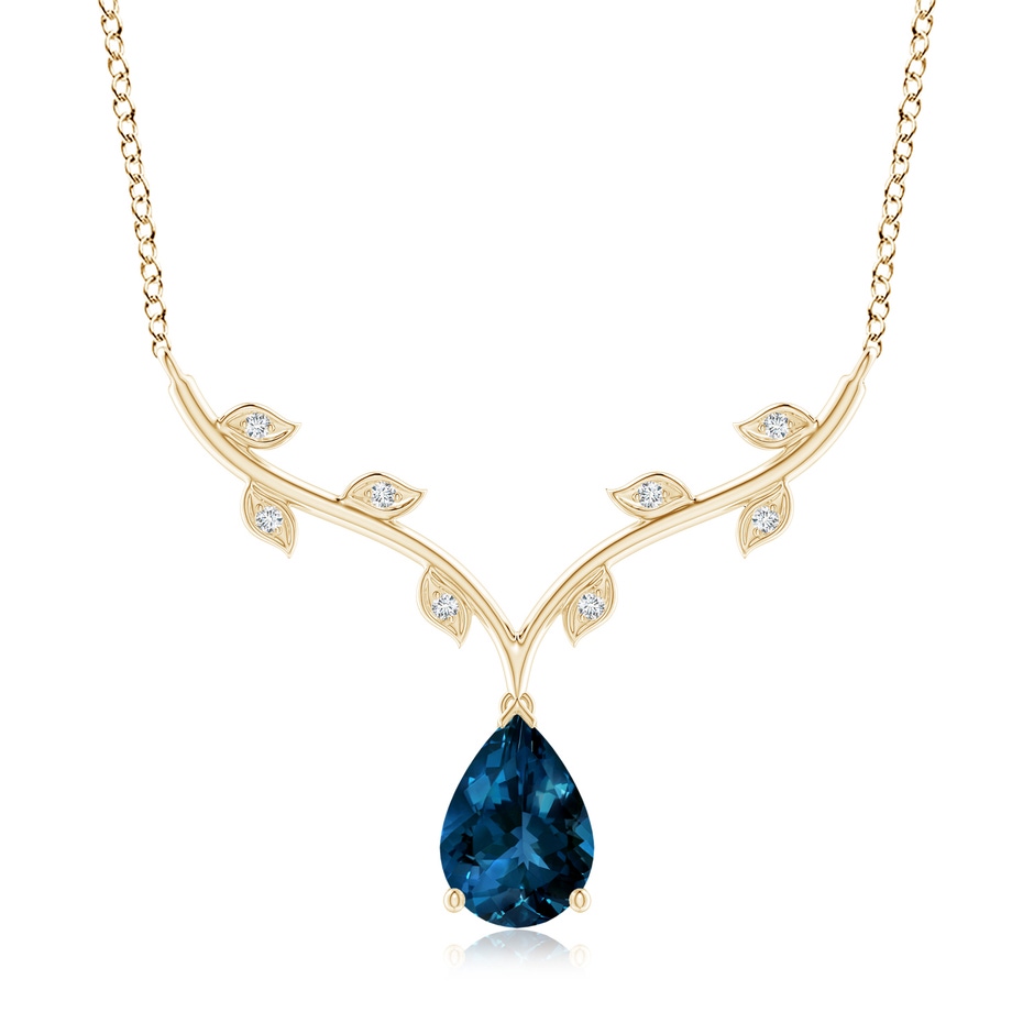 10x7mm AAAA Pear-Shaped London Blue Topaz Necklace with Leaf Motifs in 18K Yellow Gold 