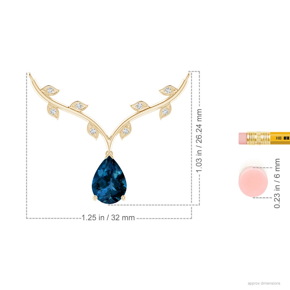 10x7mm AAAA Pear-Shaped London Blue Topaz Necklace with Leaf Motifs in 18K Yellow Gold ruler