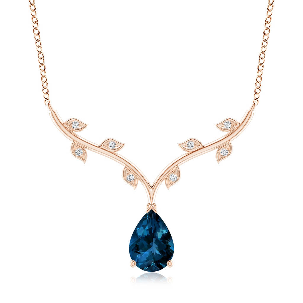 10x7mm AAAA Pear-Shaped London Blue Topaz Necklace with Leaf Motifs in Rose Gold