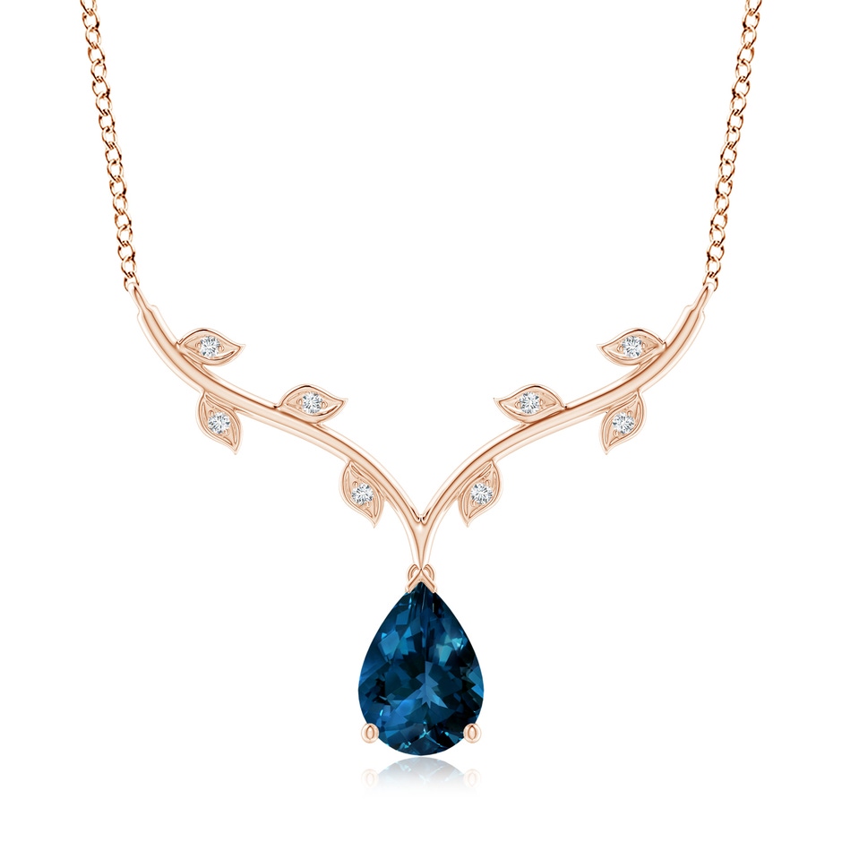 10x7mm AAAA Pear-Shaped London Blue Topaz Necklace with Leaf Motifs in Rose Gold 