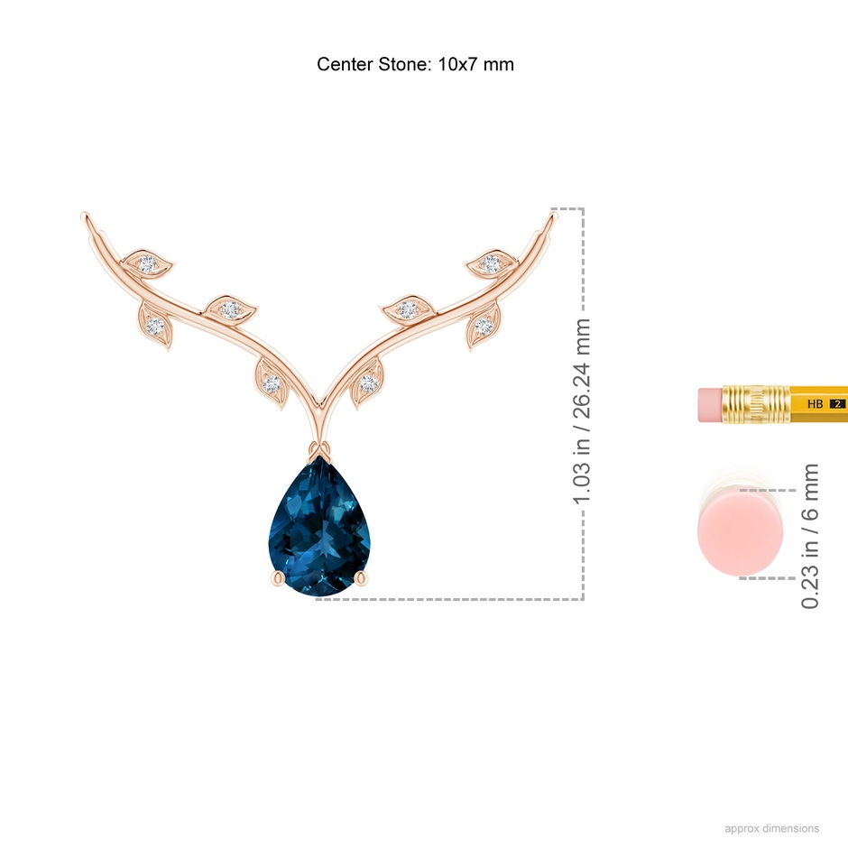 10x7mm AAAA Pear-Shaped London Blue Topaz Necklace with Leaf Motifs in Rose Gold ruler