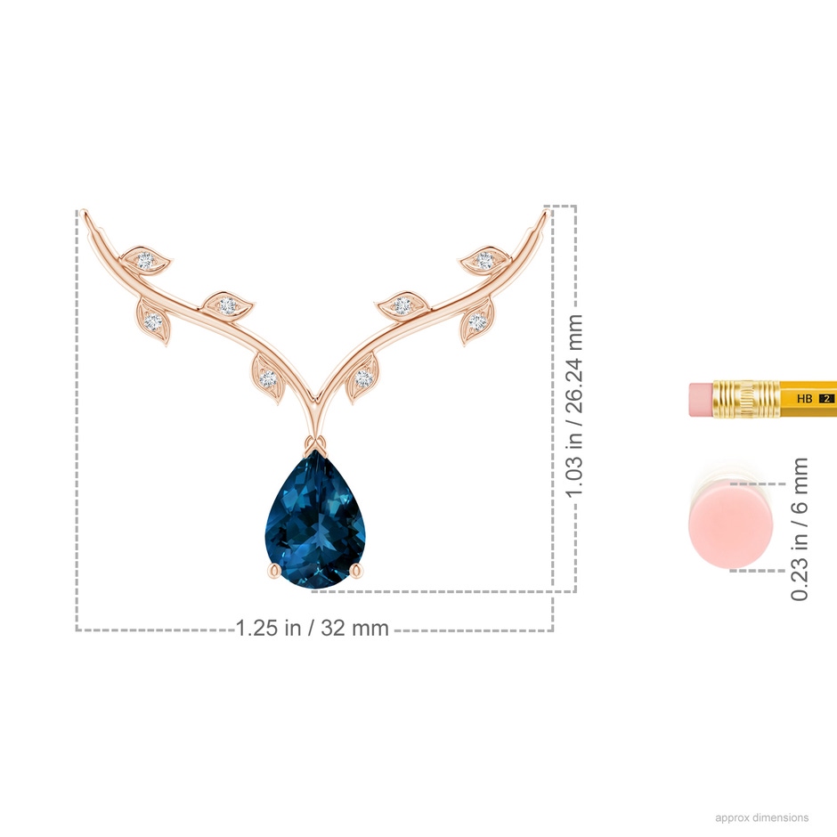 10x7mm AAAA Pear-Shaped London Blue Topaz Necklace with Leaf Motifs in Rose Gold ruler